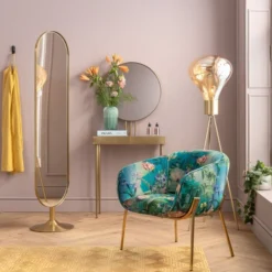 Gouden Kaptafel Met Ronde Spiegel -VTwonen Verkoopwinkel kare design curve gouden kaptafel met ronde spiegel 03