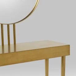 Gouden Kaptafel Met Ronde Spiegel -VTwonen Verkoopwinkel kare design curve gouden kaptafel met ronde spiegel 07
