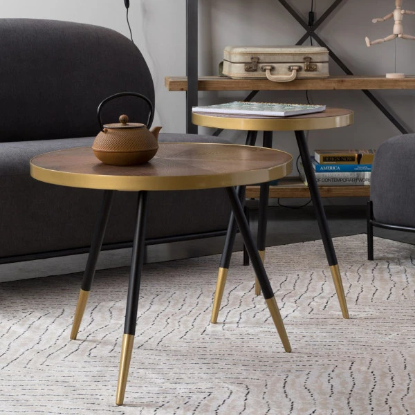 Ronde Salontafel Walnoot En Goud 2 Ronde Salontafel Walnoot En Goud - Afbeelding 2