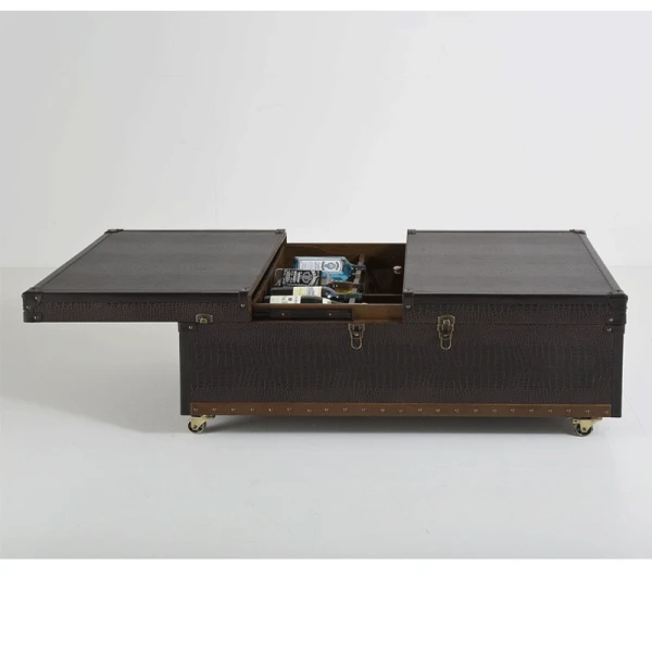 Kist Salontafel Bruin Leer Op Wielen 5 Kist Salontafel Bruin Leer Op Wielen - Afbeelding 5